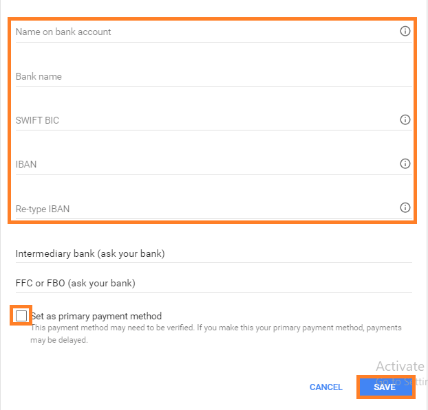 fill up all information about the bank account