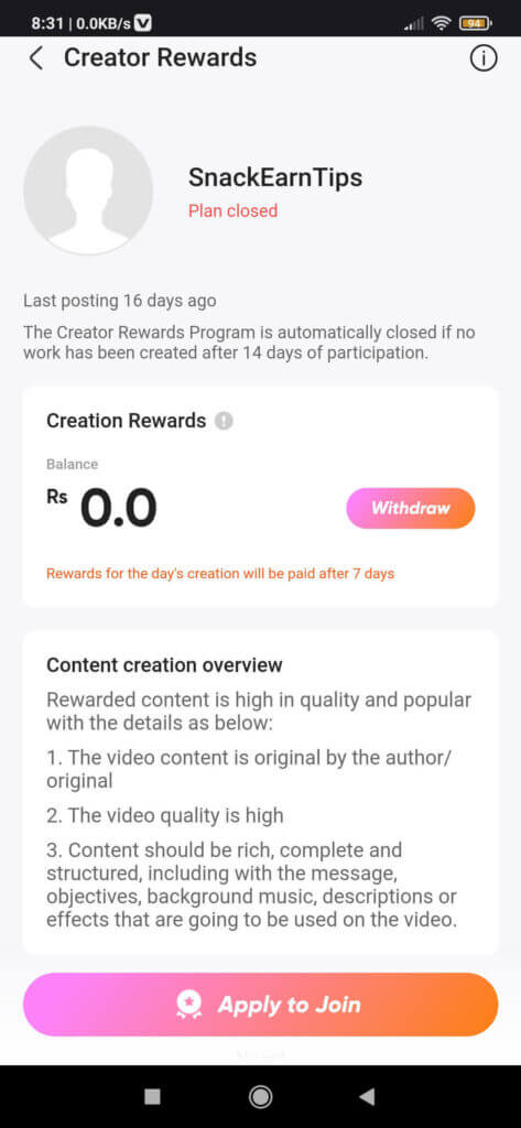 Earn money from SnackVideo by Creator Rewards