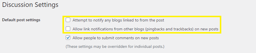 Disallow the two first options into “Default post settings”