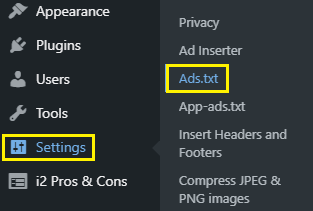 Click on settings and find the “ads.txt”. paste the code that was copied from the txt file and save it