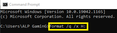 type the “format q x H” command