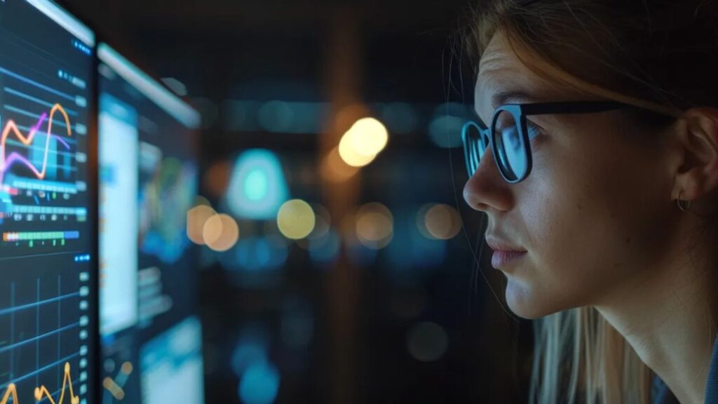 A woman with glasses looks at a computer screen, engaged in the topic of email marketing and social media channels.