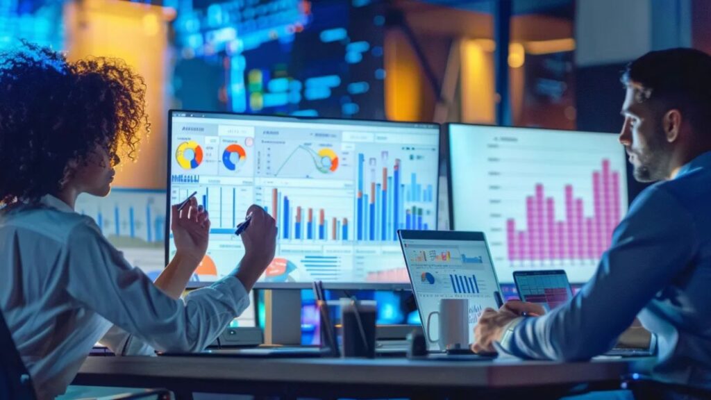 Team reviewing dashboards and analytics to understand how to use AI orchestration for data insights.
